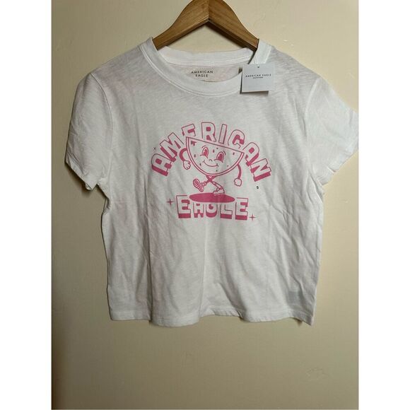 American Eagle White and Pink Logo Short Sleeve Tee Shirt Top Size Small - Picture 2 of 5